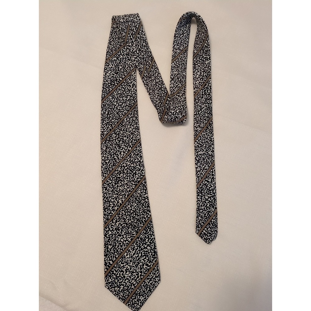 Italian All Silk Handmade Black & White Print With Tan Stripes Necktie - Picture 3 of 6